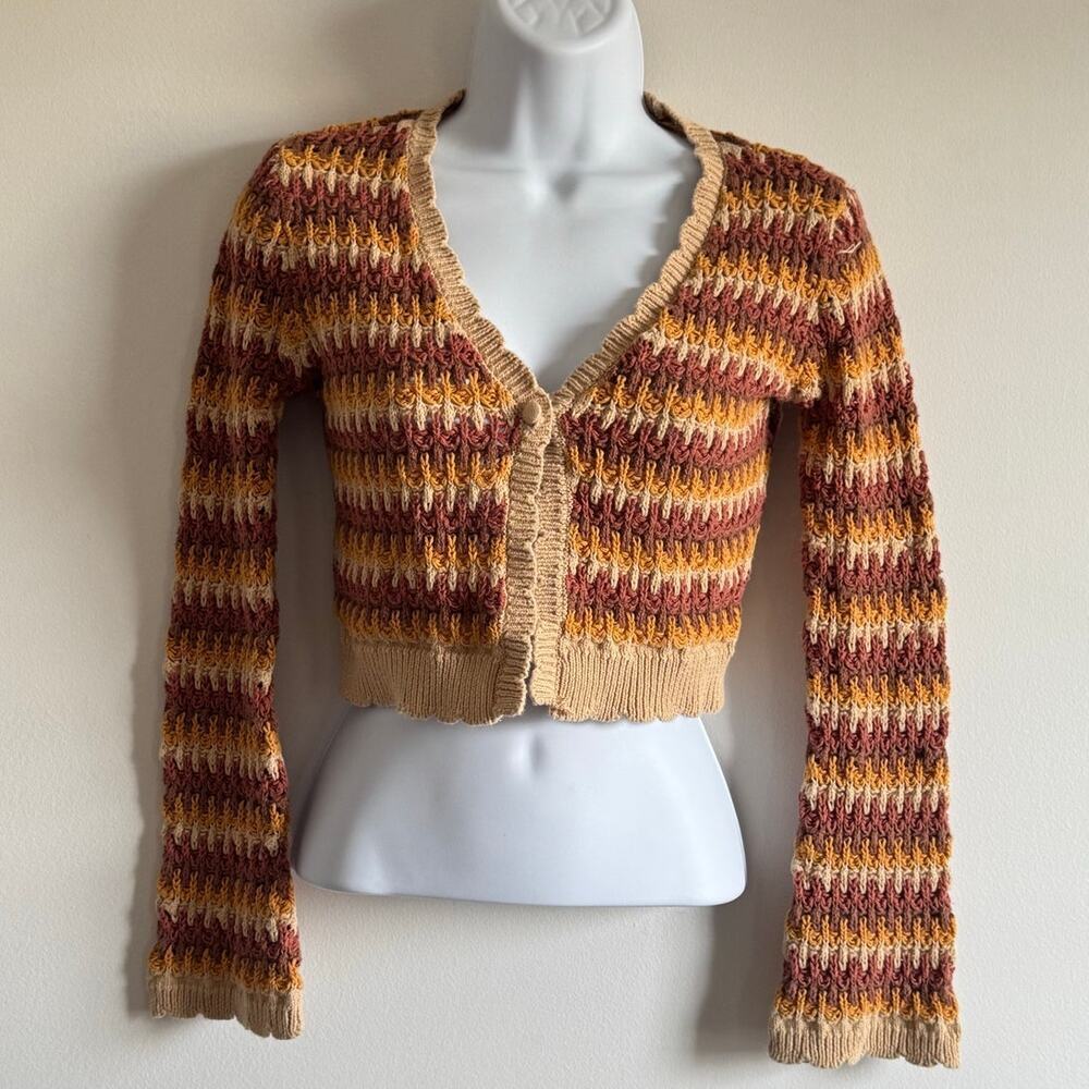 West of Melrose Cropped Knit Crochet Brown Top Festival 70's‎ Boho Y2k